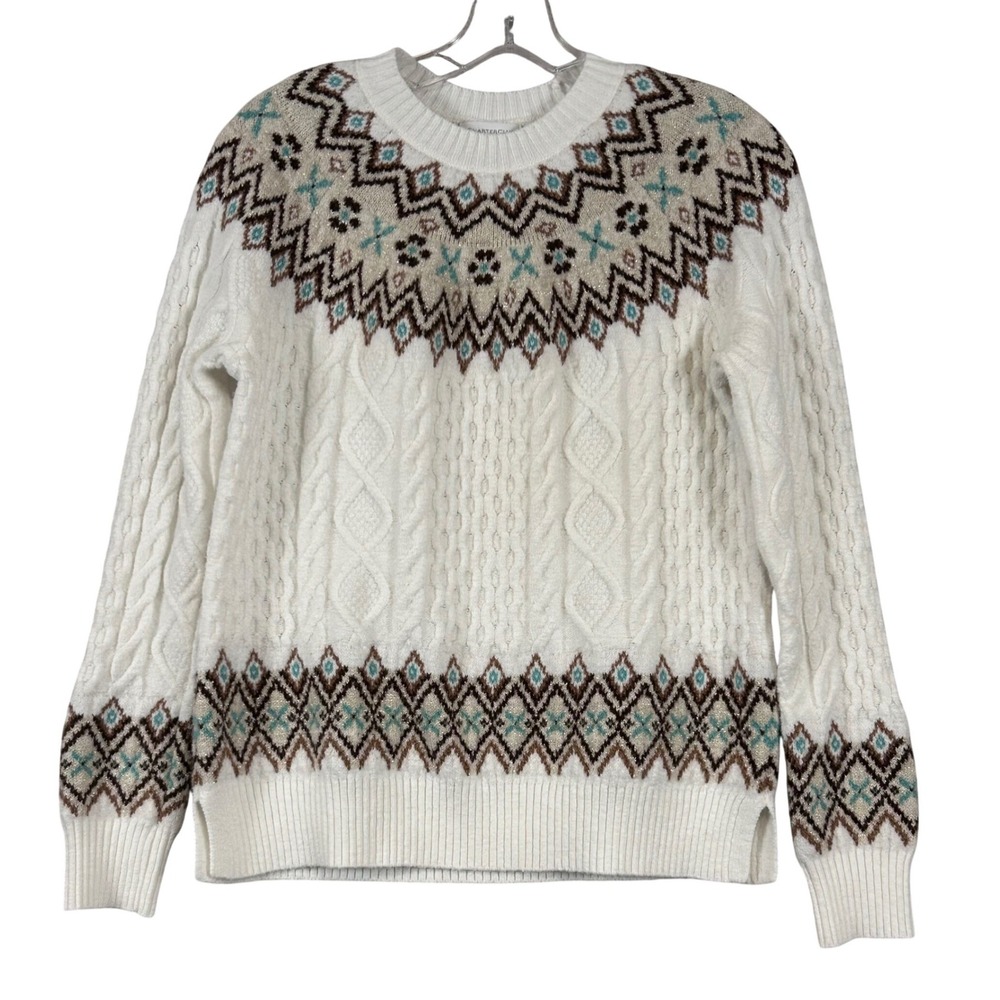 Charter Club Womens White Fair Isle Cable Knit Metallic Sweater Size Medium Prep